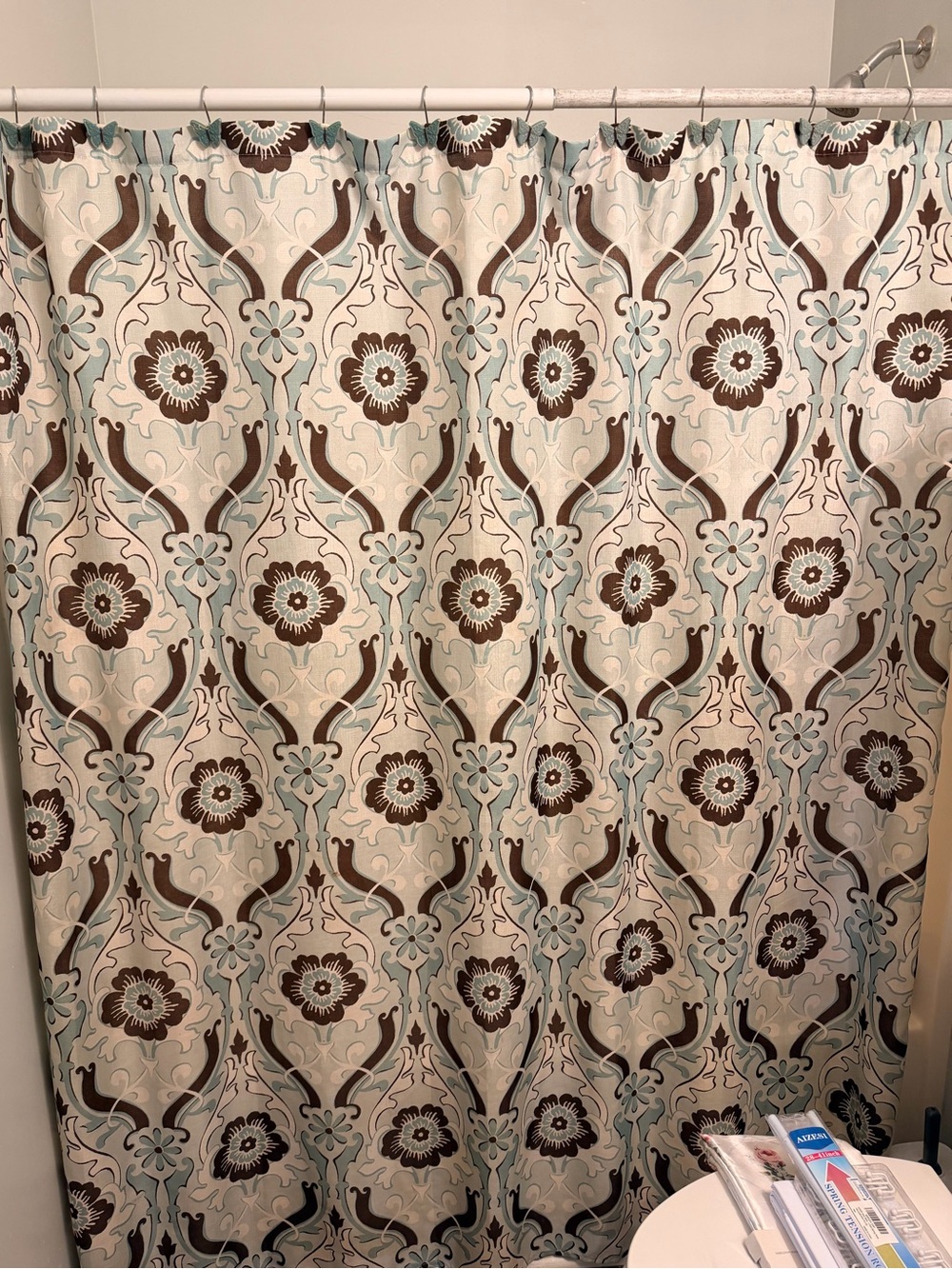 Floral Damask Shower Curtain in Cream, Brown & Light Blue with Butterfly Hooks